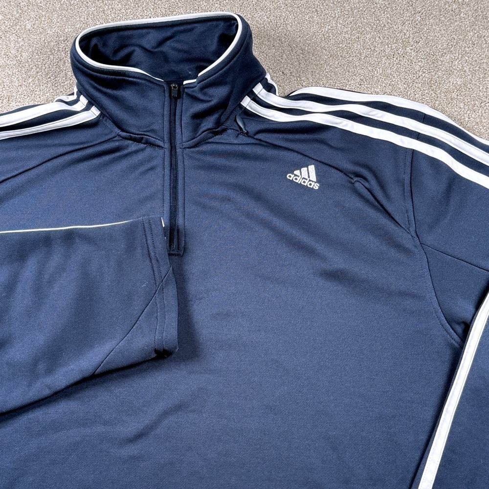 Adidas Mens 2XL Navy Blue 1/4 Zip Pullover Jacket Athletic 3-Stripe Sweatshirt